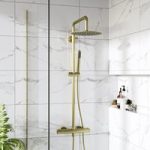 Brushed Brass Thermostatic Bar Mixer Shower Set with Slide Rail Kit & Pencil Hand Shower – Arissa