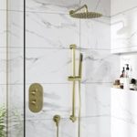 Brushed Brass Dual Outlet Wall Mounted Thermostatic Mixer Shower Set with Hand Shower – Arissa