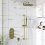 Brushed Brass Dual Outlet Wall Mounted Thermostatic Mixer Shower Set with Hand Shower & Diverter – Arissa