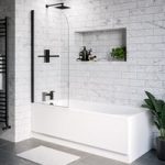 Single Ended Shower Bath with Front Panel & Black Bath Screen with Towel Rail 1700 x 700mm – Alton