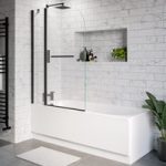 Single Ended Shower Bath with Front Panel & Hinged Black Bath Screen with Towel Rail 1700 x 700mm – Alton