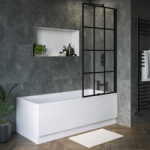 Rutland Single Ended Square Bath with Front Panel & Black Grid Screen – Right Hand 1500 x 700