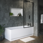 Single Ended Shower Bath with Front Panel & Black Framed Bath Screen 1600 x 700mm – Rutland