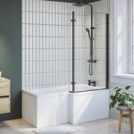 Lomax 1500 x 850 L Shaped Shower Bath Right Hand with Front Panel and Black Bath Screen