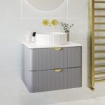 600mm Grey Wall Hung Countertop Vanity Unit with Basin and Brass Handles – Empire