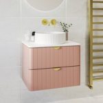 600mm Pink Wall Hung Countertop Vanity Unit with Basin and Brass Handles – Empire