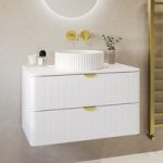 800mm White Wall Hung Countertop Vanity Unit with Basin and Brass Handles – Empire