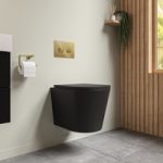 Black Wall Hung Rimless Toilet with Soft Close Seat Cistern Frame and Brushed Brass Flush – Verona