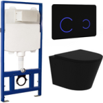 Matt Black Wall Hung Rimless Toilet with Soft Close Seat Black Glass Sensor Pneumatic Flush Plate 1170mm Frame & Cistern