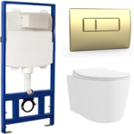 Wall Hung Toilet with Soft Close Seat Brushed Brass Pneumatic Flush Plate 1170mm Frame & Cistern – Alcor