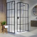 1400x800mm Black Grid Framework Walk In Shower Enclosure with 300mm Fixed Panel and Shower Tray with Drying Area – Nova