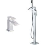 Chrome Freestanding Bath Shower Mixer and Basin Tap Set – Wave