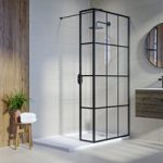 Walk In Shower 700mm Black Grid Framework with 300mm Fixed Panel and Wall Support Bar – Nova