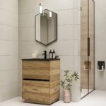 600mm Wood Effect Freestanding Vanity Unit with Matt Black Basin – Roxbi