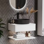 600mm White Wall Hung Countertop Vanity Unit with Black Basin and Shelf – Lugo