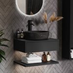 600mm Black Wall Hung Countertop Vanity Unit with Black Marble Effect Basin and Shelves – Lugo