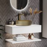 800mm White Wall Hung Countertop Vanity Unit with Brass Basin and Shelves – Lugo