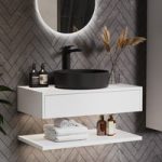 800mm White Wall Hung Countertop Vanity Unit with Black Basin and Shelf – Lugo