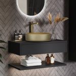 800mm Black Wall Hung Countertop Vanity Unit with Brass Basin and Shelves – Lugo