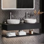 1200mm Black Wall Hung Double Countertop Vanity Unit with White Marble Effect Basins and Shelves – Lugo