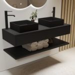 1200mm Black Wall Hung Double Countertop Vanity Unit with Square Black Basins and Shelf – Lugo