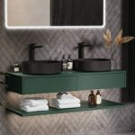 1200mm Green Wall Hung Double Countertop Vanity Unit with Black Basins and Shelf – Lugo