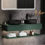 1200mm Green Wall Hung Double Countertop Vanity Unit with Black Marble Effect Basins and Shelves – Lugo