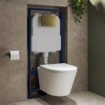 Wall Hung Toilet with Soft Close Seat Brushed Brass Pneumatic Flush Plate 1170mm Frame & Cistern – Newport