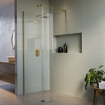 Walk In Shower 1200mm Brushed Brass Frameless with 300mm Hinged Flipper Panel and Wall Support Bar – Corvus