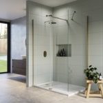 1400x900mm Brushed Brass Frameless Walk In Shower Enclosure with 300mm Hinged Flipper Panel and Shower Tray Corvus