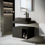 600mm Black Wall Hung Countertop Vanity Unit with Black Rectangular Basin and Shelves – Porto