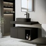 800mm Black Wall Hung Countertop Vanity Unit with Black Oval Basin and Shelves – Porto