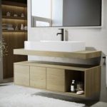 1200mm Wood Effect Wall Hung Double Countertop Vanity Unit with Rectangular Basin and Shelf – Porto