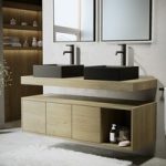 1200mm Wood Effect Wall Hung Double Countertop Vanity Unit with Black Rectangular Basins and Shelf – Porto