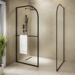 Walk In Shower Enclosure 1600x800mm Black Curved with Towel Rail  – Raya