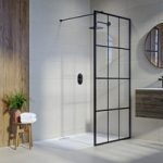 Walk In Shower 900mm Black Grid Framework with Wall Support Bar – Nova