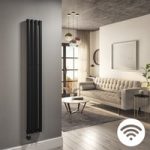 Midnight Black Electric Vertical Designer Radiator 1kW with Wifi Thermostat – H1600xW236mm – IPX4 Bathroom Safe